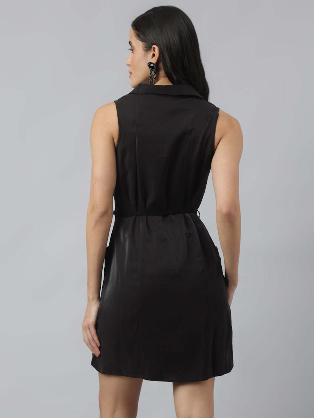 Black Sleeveless Collared Neck Solid Above Knee Dress For Casual Wear