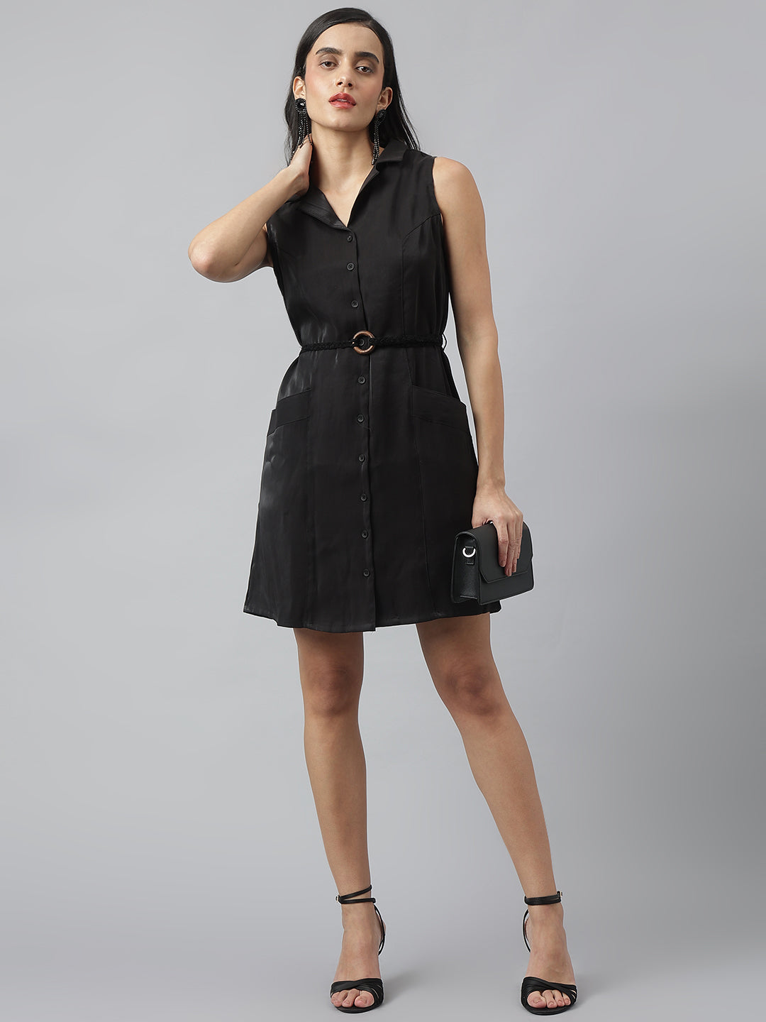Black Sleeveless Collared Neck Solid Above Knee Dress For Casual Wear