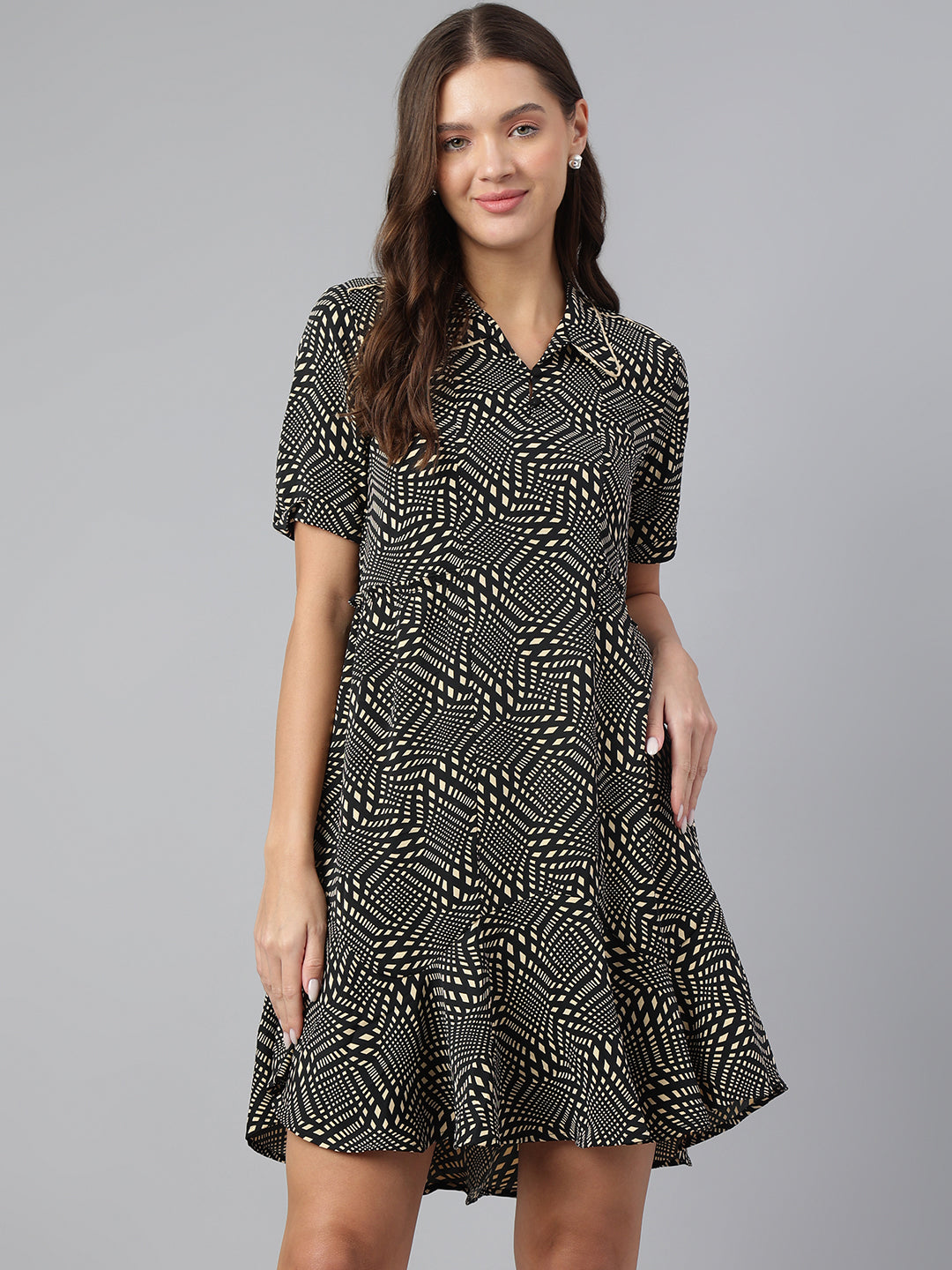 Chic Black Half Sleeve Collar Printed Casual Dress For Effortless Elegance