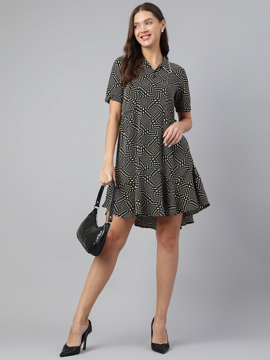 Chic Black Half Sleeve Collar Printed Casual Dress For Effortless Elegance