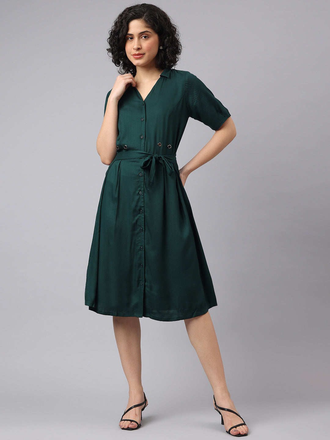 Fresh Green Half Sleeve Collar Solid Casual Dress For Effortless Charm