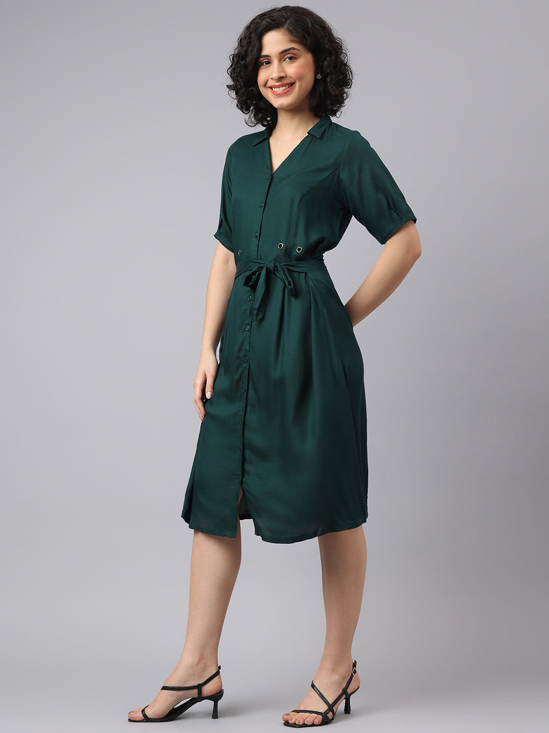 Fresh Green Half Sleeve Collar Solid Casual Dress For Effortless Charm