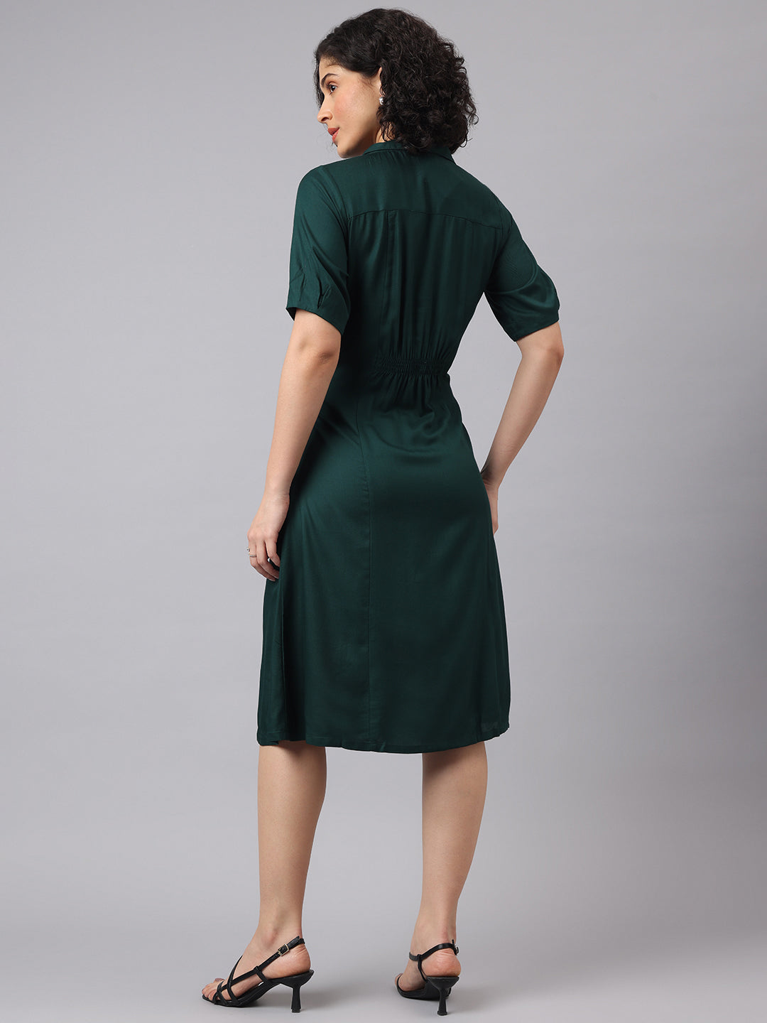 Fresh Green Half Sleeve Collar Solid Casual Dress For Effortless Charm