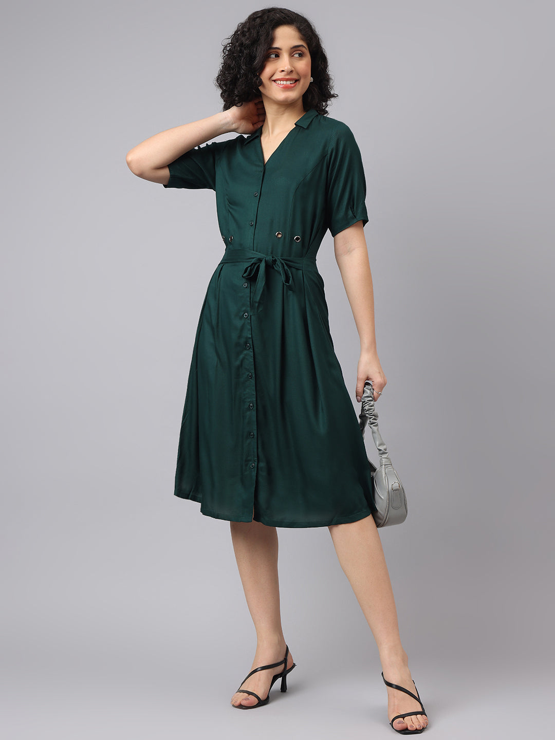 Fresh Green Half Sleeve Collar Solid Casual Dress For Effortless Charm