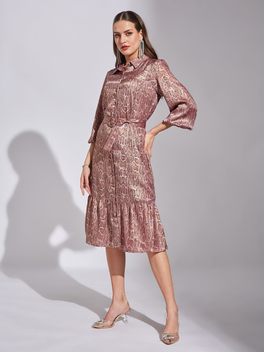Latin Quarters Women Pink Shirt Collar 3/4Th Sleeves Printed Dress