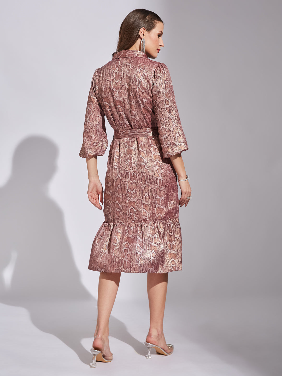Latin Quarters Women Pink Shirt Collar 3/4Th Sleeves Printed Dress