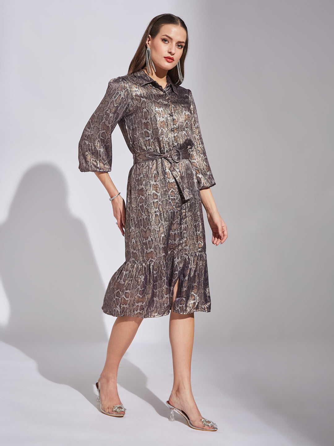 Latin Quarters Women Grey Shirt Collar 3/4Th Sleeves Printed Dress