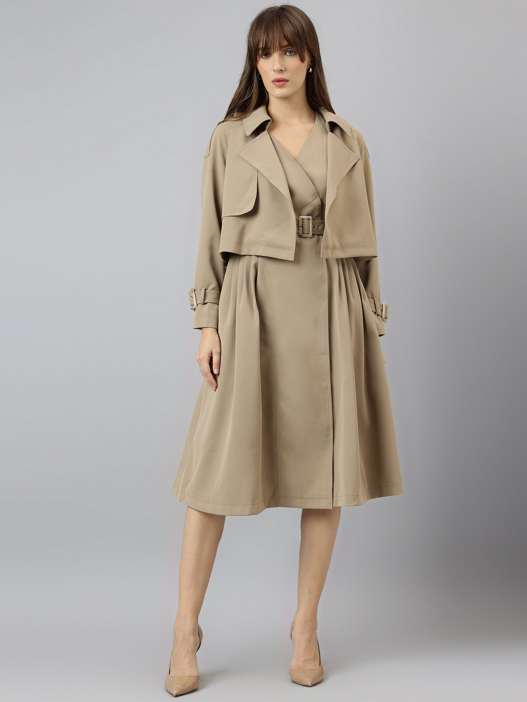 Elegant Beige Full Sleeve Collar Solid Casual Dress For Effortless Sophistication