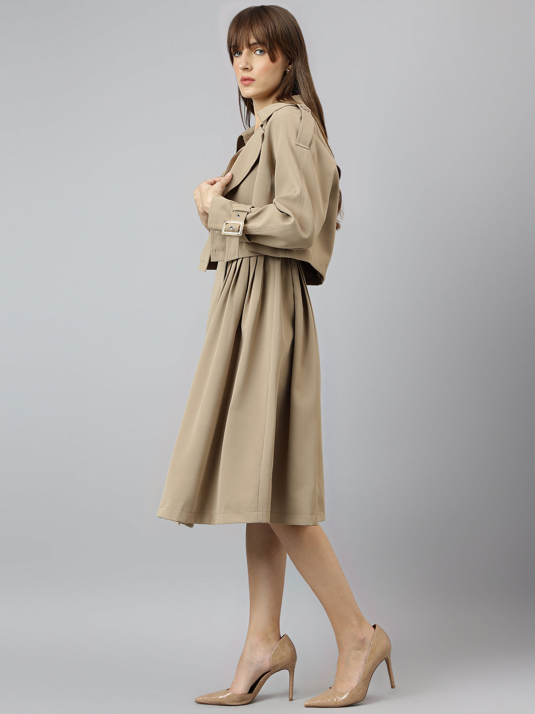 Elegant Beige Full Sleeve Collar Solid Casual Dress For Effortless Sophistication