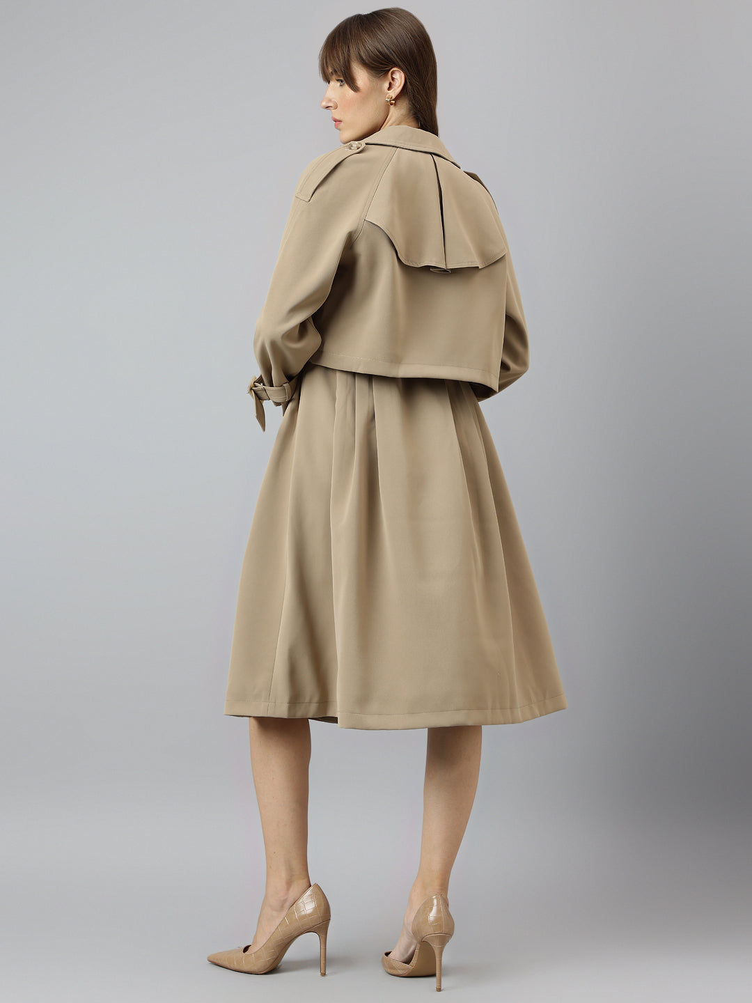 Elegant Beige Full Sleeve Collar Solid Casual Dress For Effortless Sophistication