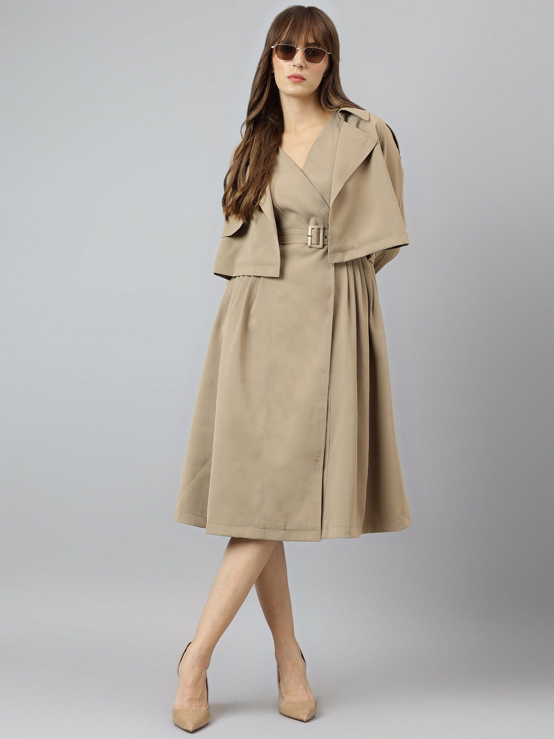Elegant Beige Full Sleeve Collar Solid Casual Dress For Effortless Sop Elegant Beige Full Sleeve Collar Solid Casual Dress For Effortless Sop