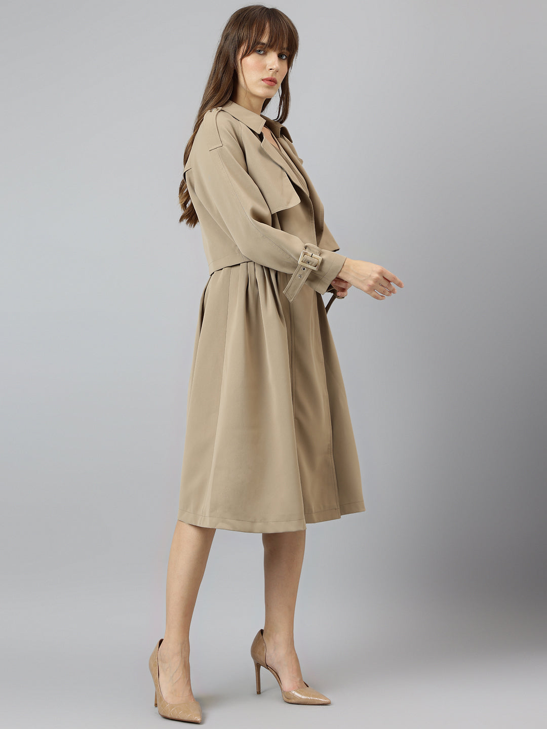 Elegant Beige Full Sleeve Collar Solid Casual Dress For Effortless Sophistication
