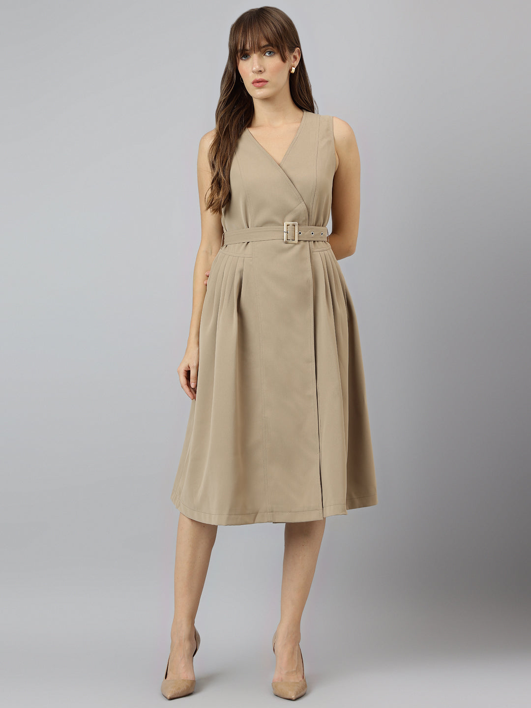 Elegant Beige Full Sleeve Collar Solid Casual Dress For Effortless Sophistication