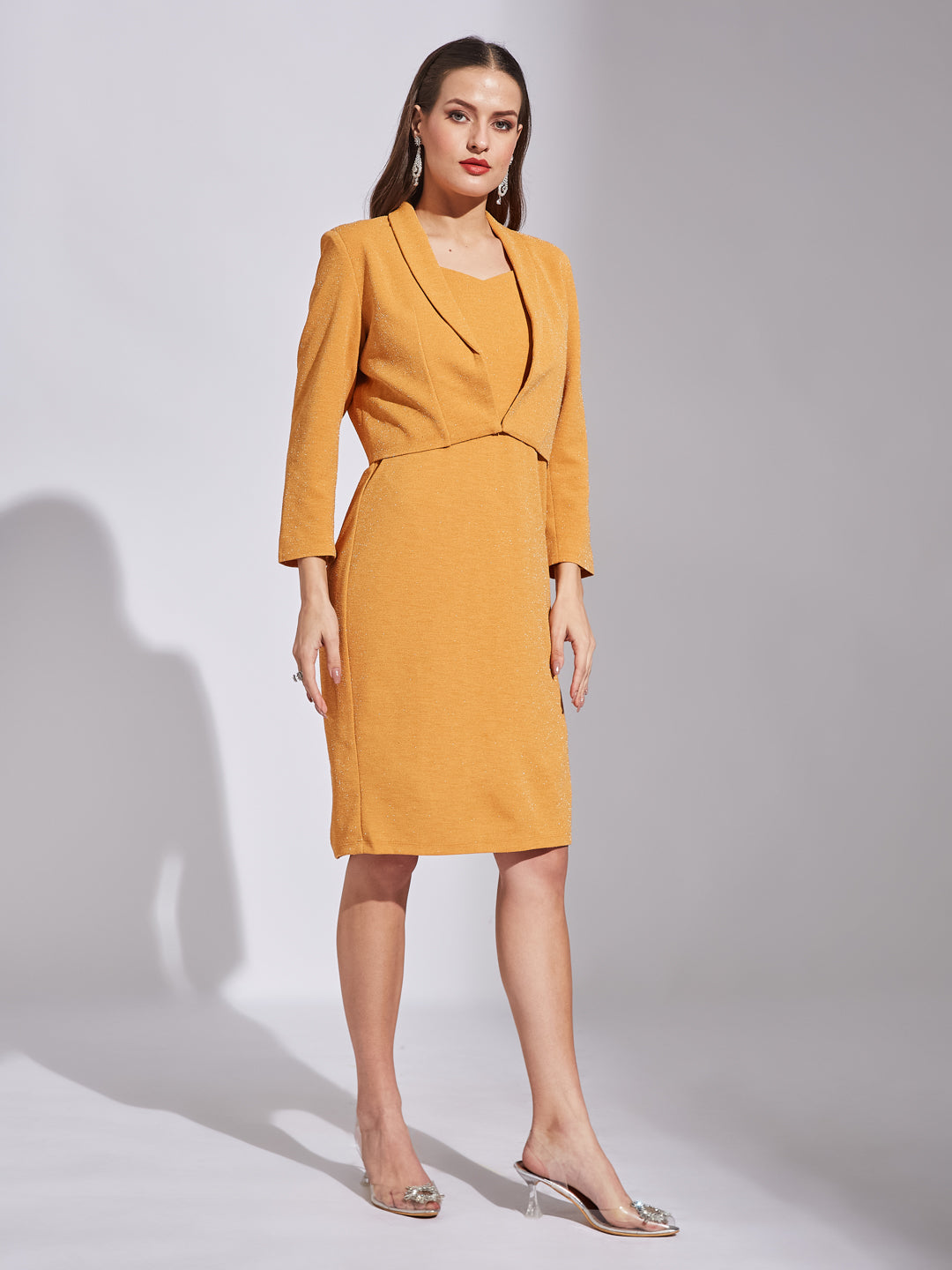 Latin Quarters Women Mustard V-Neck 3/4Th Sleeves Solid Dress