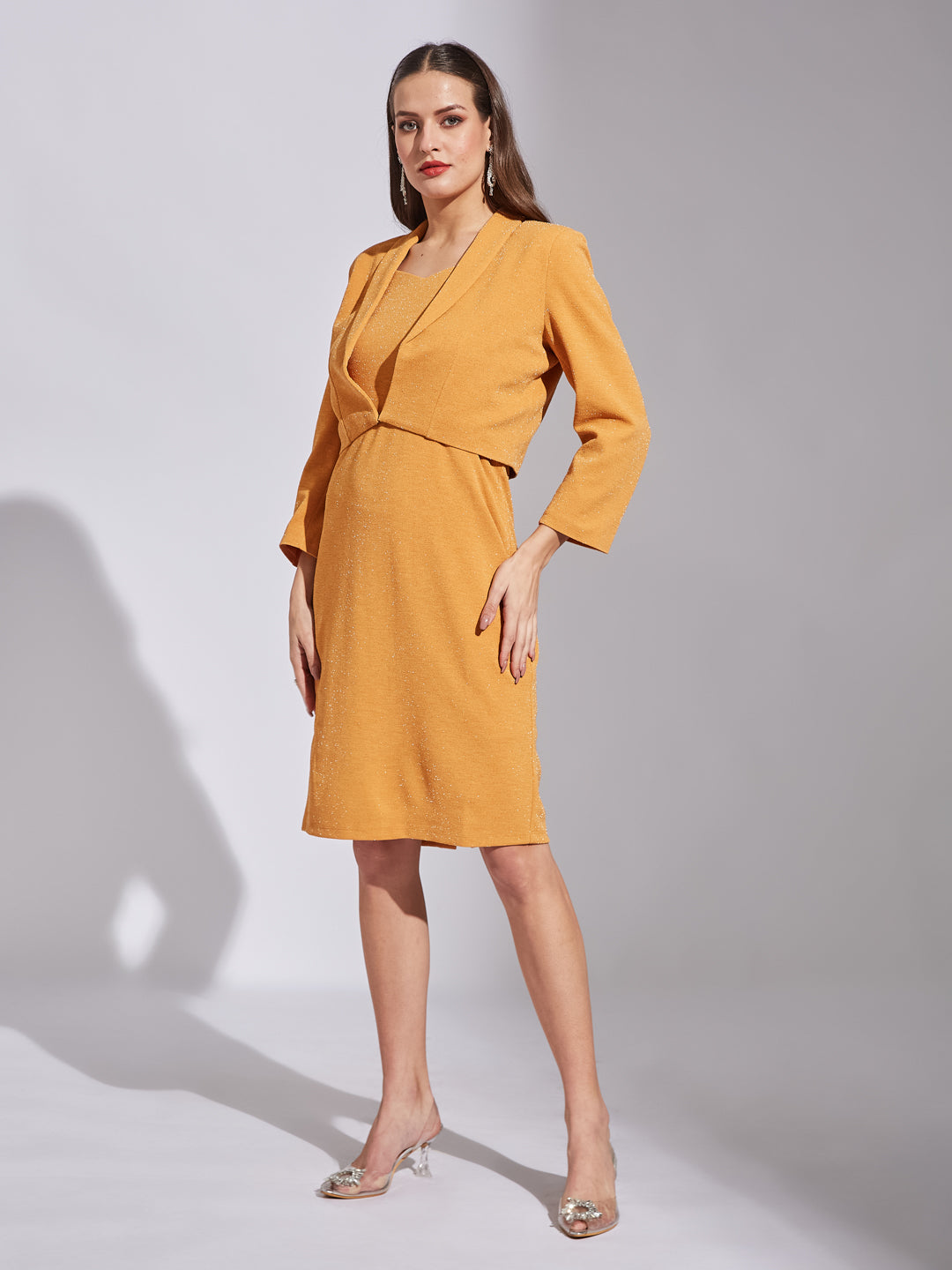 Latin Quarters Women Mustard V-Neck 3/4Th Sleeves Solid Dress