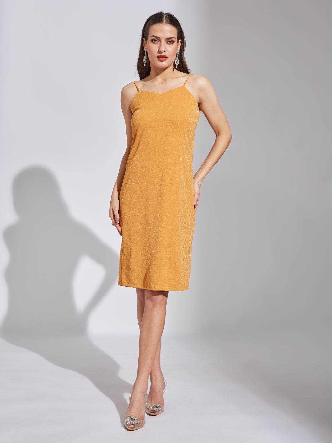 Latin Quarters Women Mustard V-Neck 3/4Th Sleeves Solid Dress