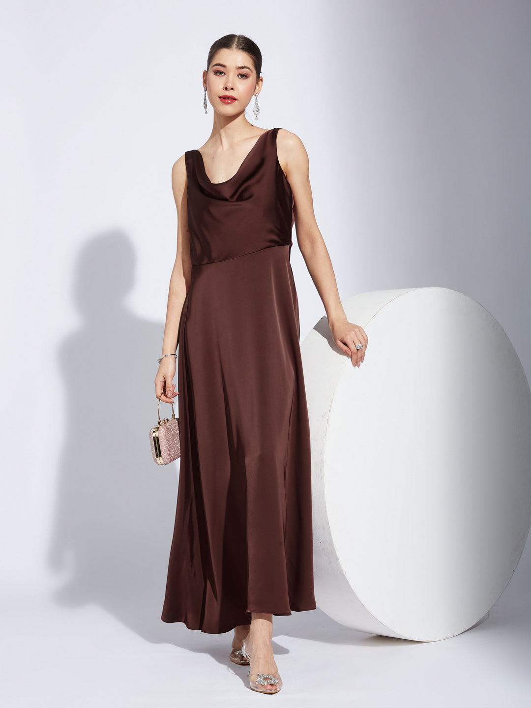 Latin Quarter Women Rust V-Neck Sleeveless Solid Fit And Flare Dress