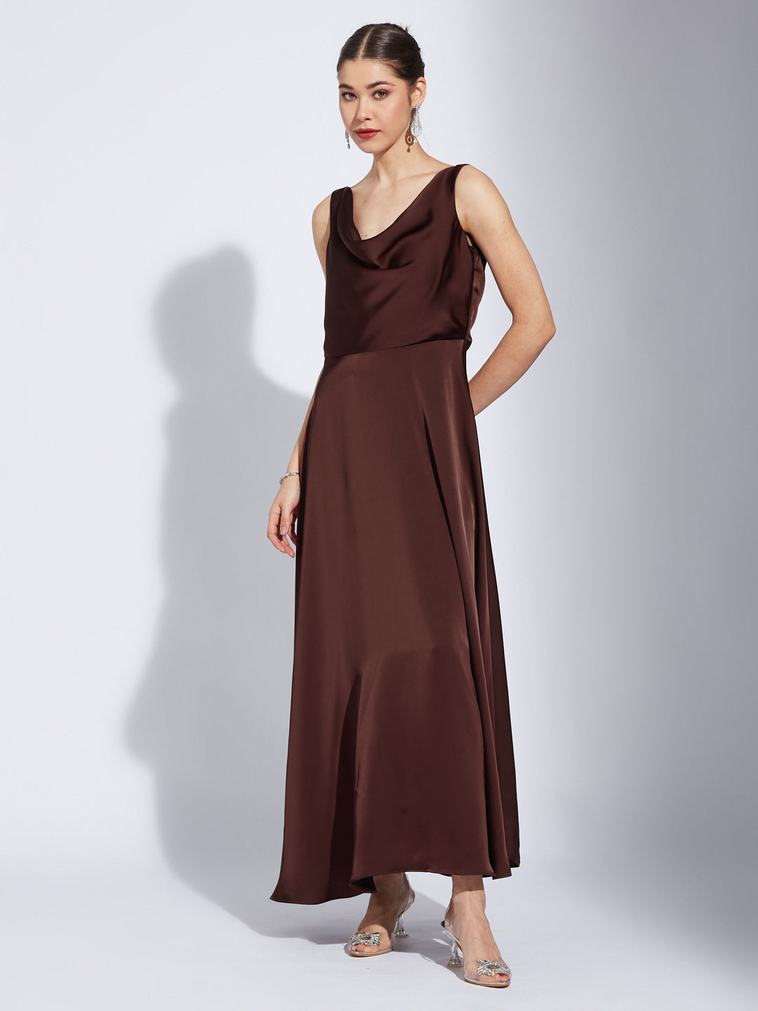 Latin Quarter Women Rust V-Neck Sleeveless Solid Fit And Flare Dress