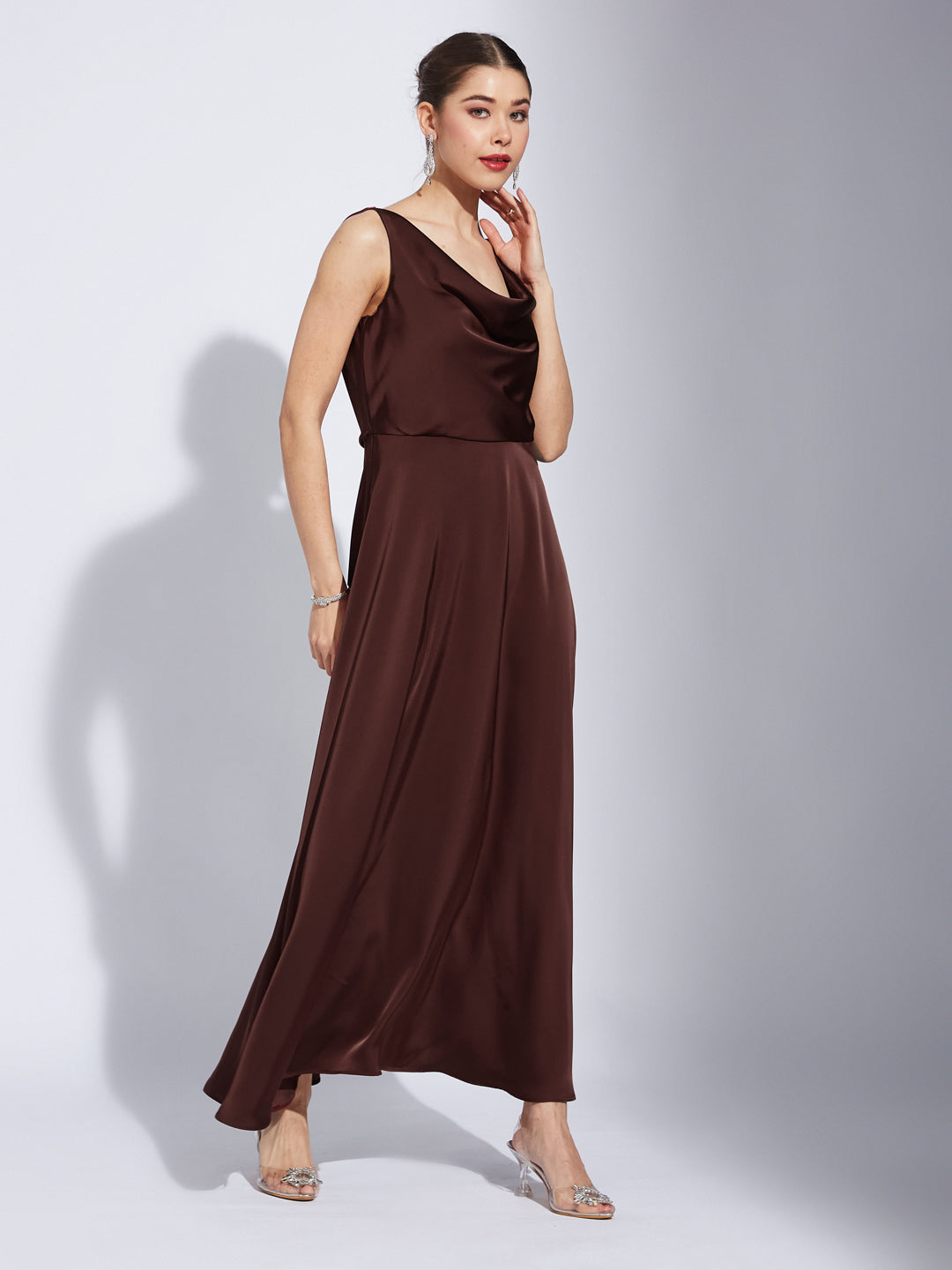 Latin Quarter Women Rust V-Neck Sleeveless Solid Fit And Flare Dress