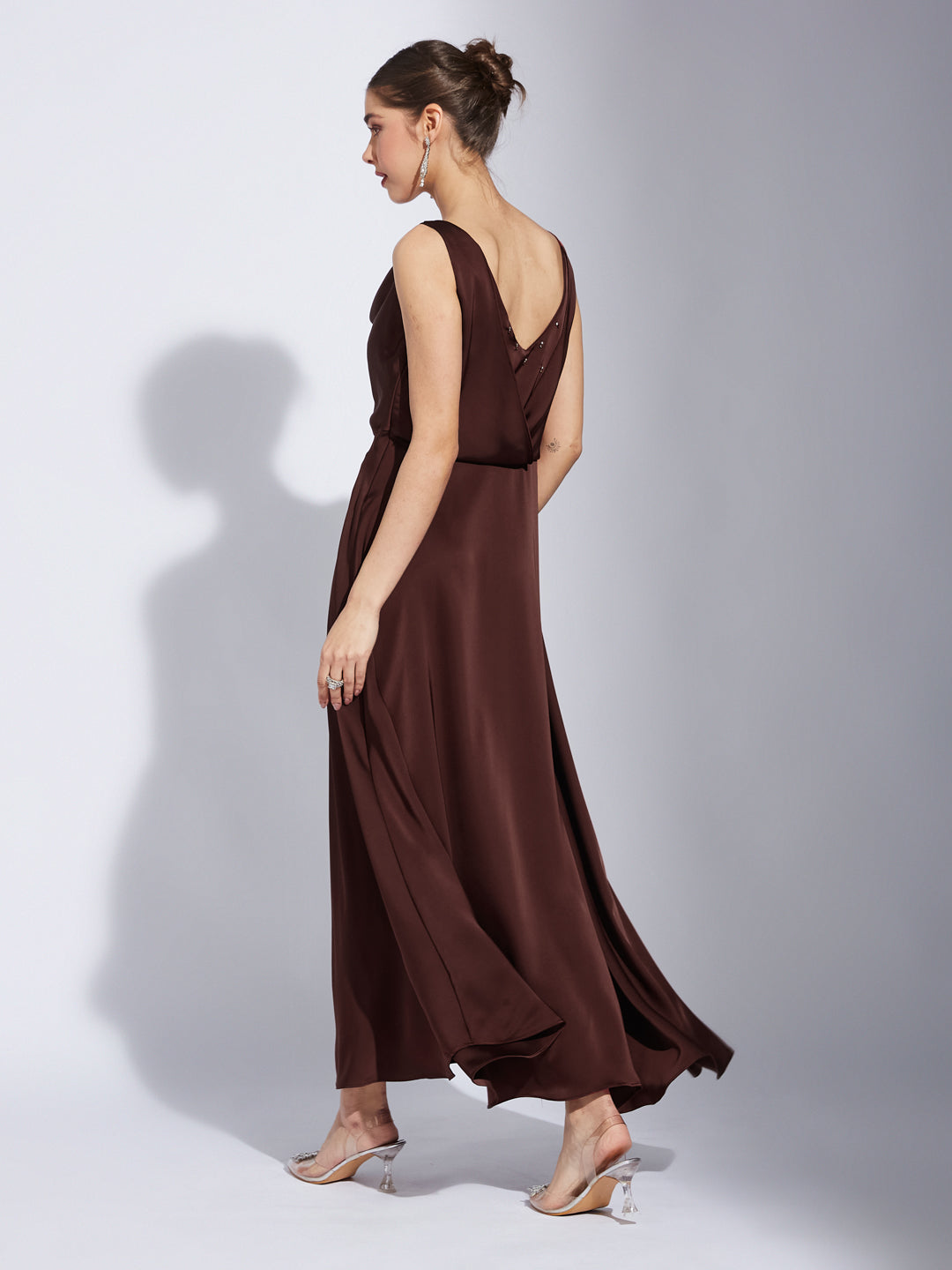 Latin Quarter Women Rust V-Neck Sleeveless Solid Fit And Flare Dress