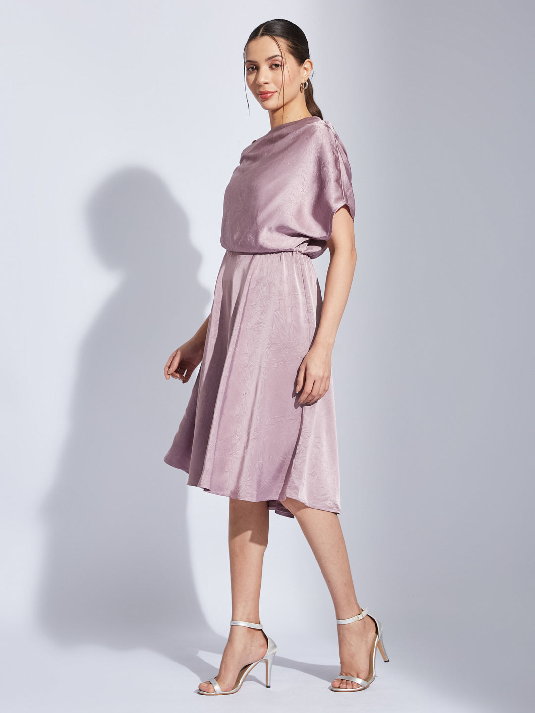 Latin Quarters Women Pink Halter Neck Half Sleeves Solid Fit & Flare Dress For Party Wear