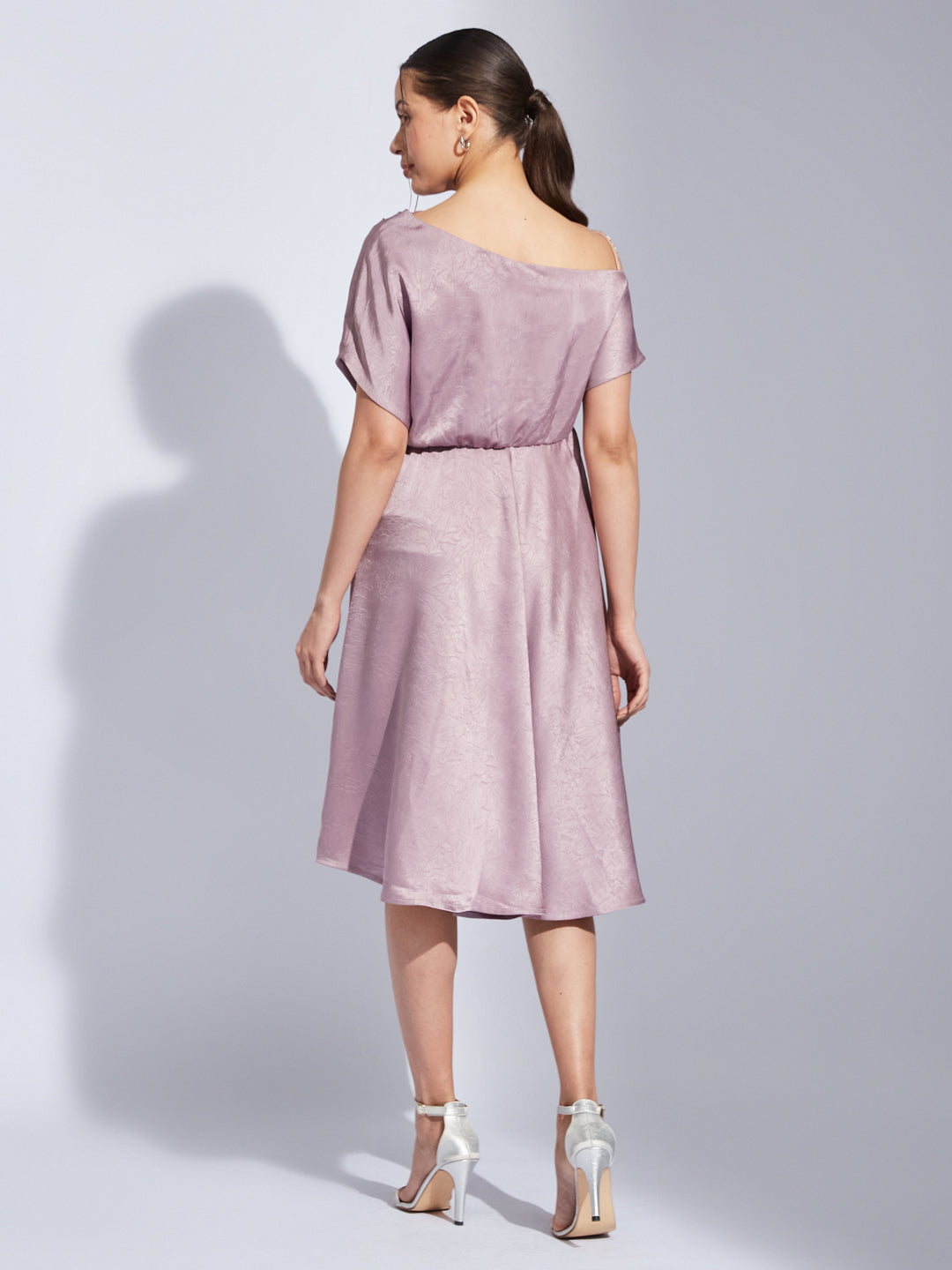 Latin Quarters Women Pink Halter Neck Half Sleeves Solid Fit & Flare Dress For Party Wear