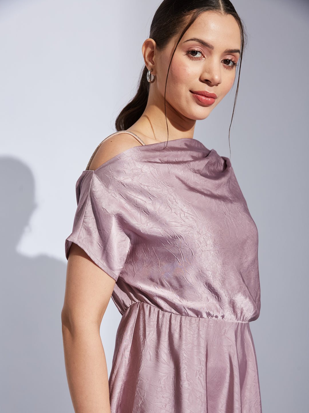 Latin Quarters Women Pink Halter Neck Half Sleeves Solid Fit & Flare Dress For Party Wear