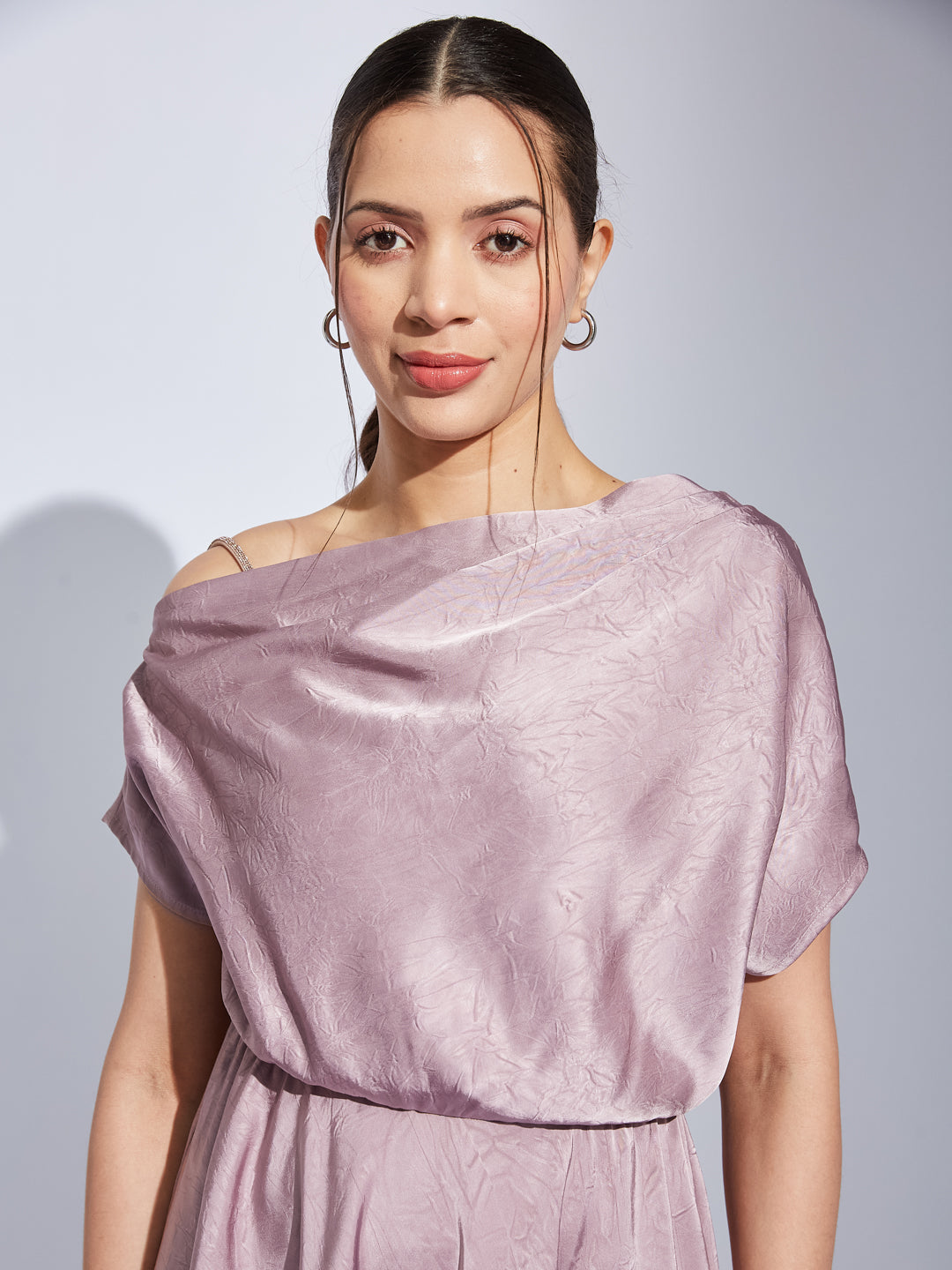 Latin Quarters Women Pink Halter Neck Half Sleeves Solid Fit & Flare Dress For Party Wear
