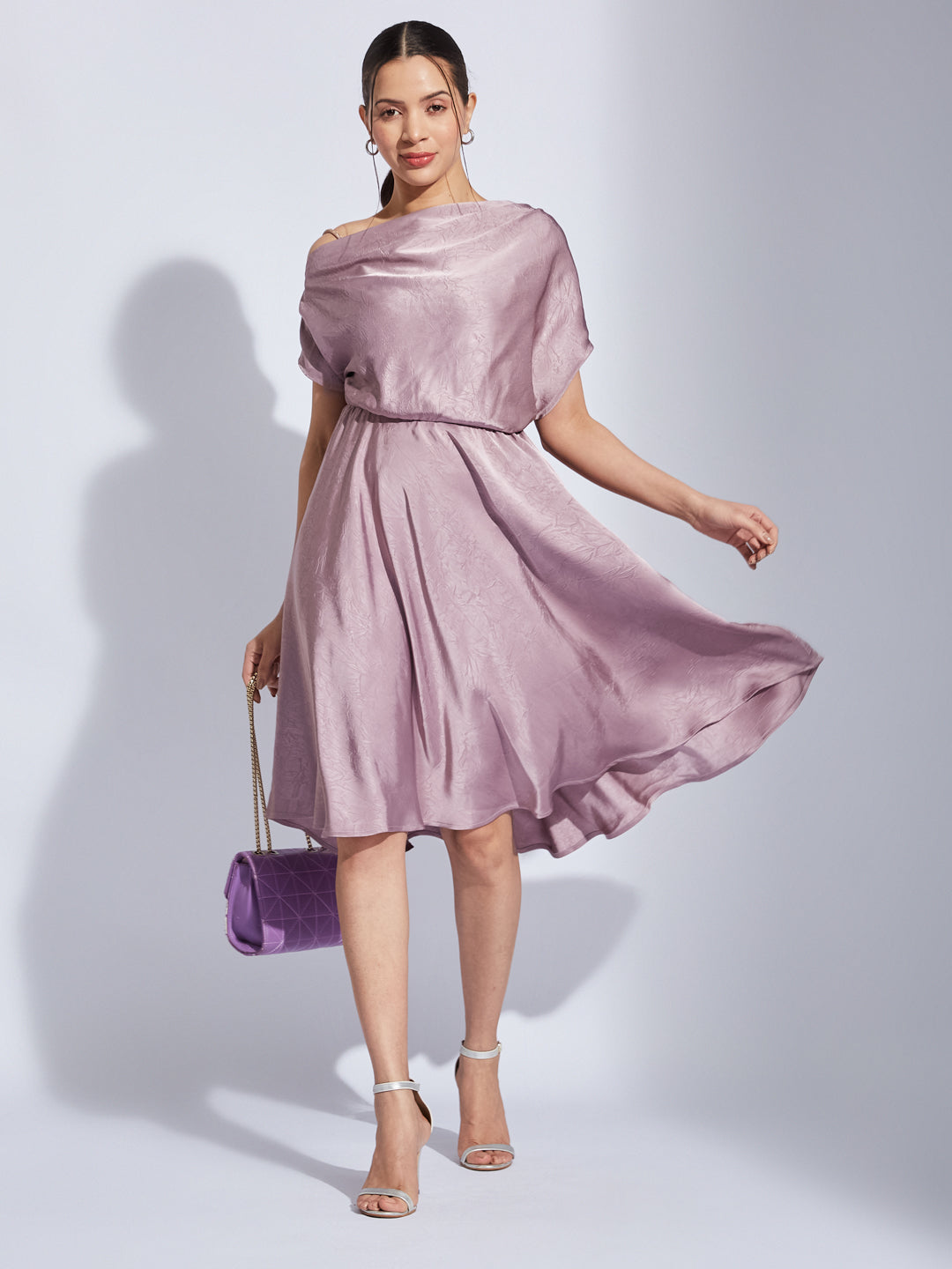 Latin Quarters Women Pink Halter Neck Half Sleeves Solid Fit & Flare Dress For Party Wear