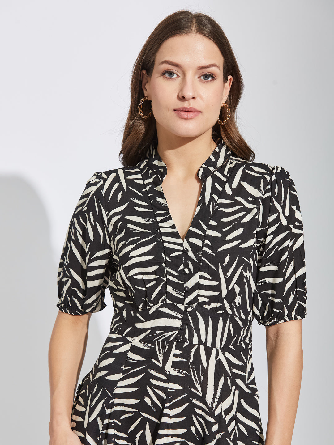 Latin Quarters Women Black Mandarin Collar Half Sleeves Printed A-Line Dress For Casual Wear