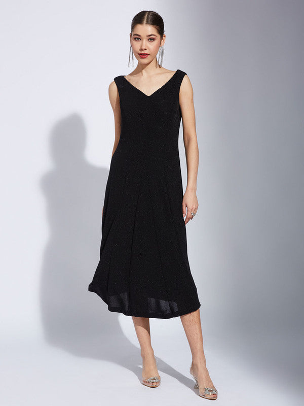 Latin Quarter Women Black V-Neck Sleeveless Solid A-Line Dress For Evening