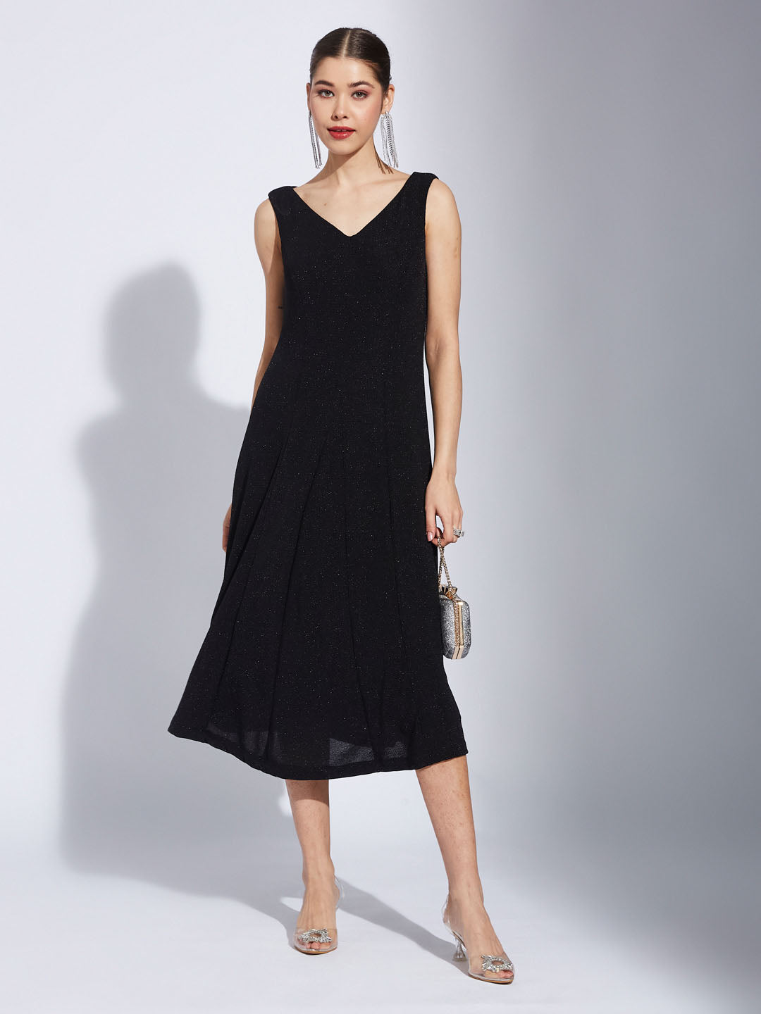Latin Quarters Women Black V-Neck Sleeveless Solid A-Line Dress For Evening