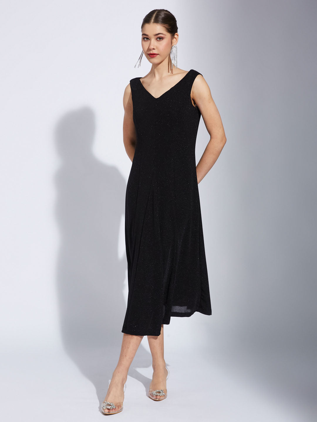 Latin Quarters Women Black V-Neck Sleeveless Solid A-Line Dress For Evening