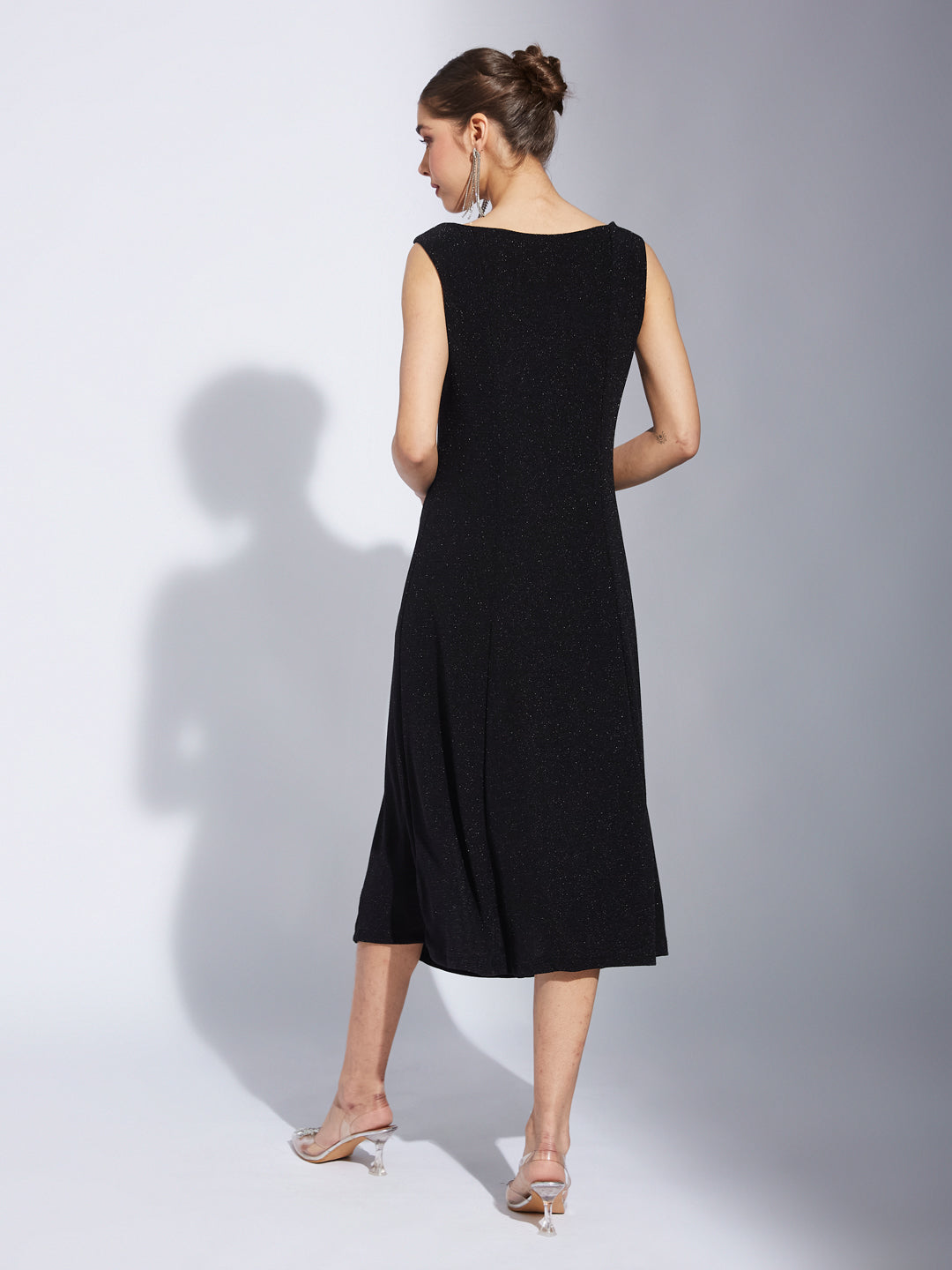 Latin Quarters Women Black V-Neck Sleeveless Solid A-Line Dress For Evening