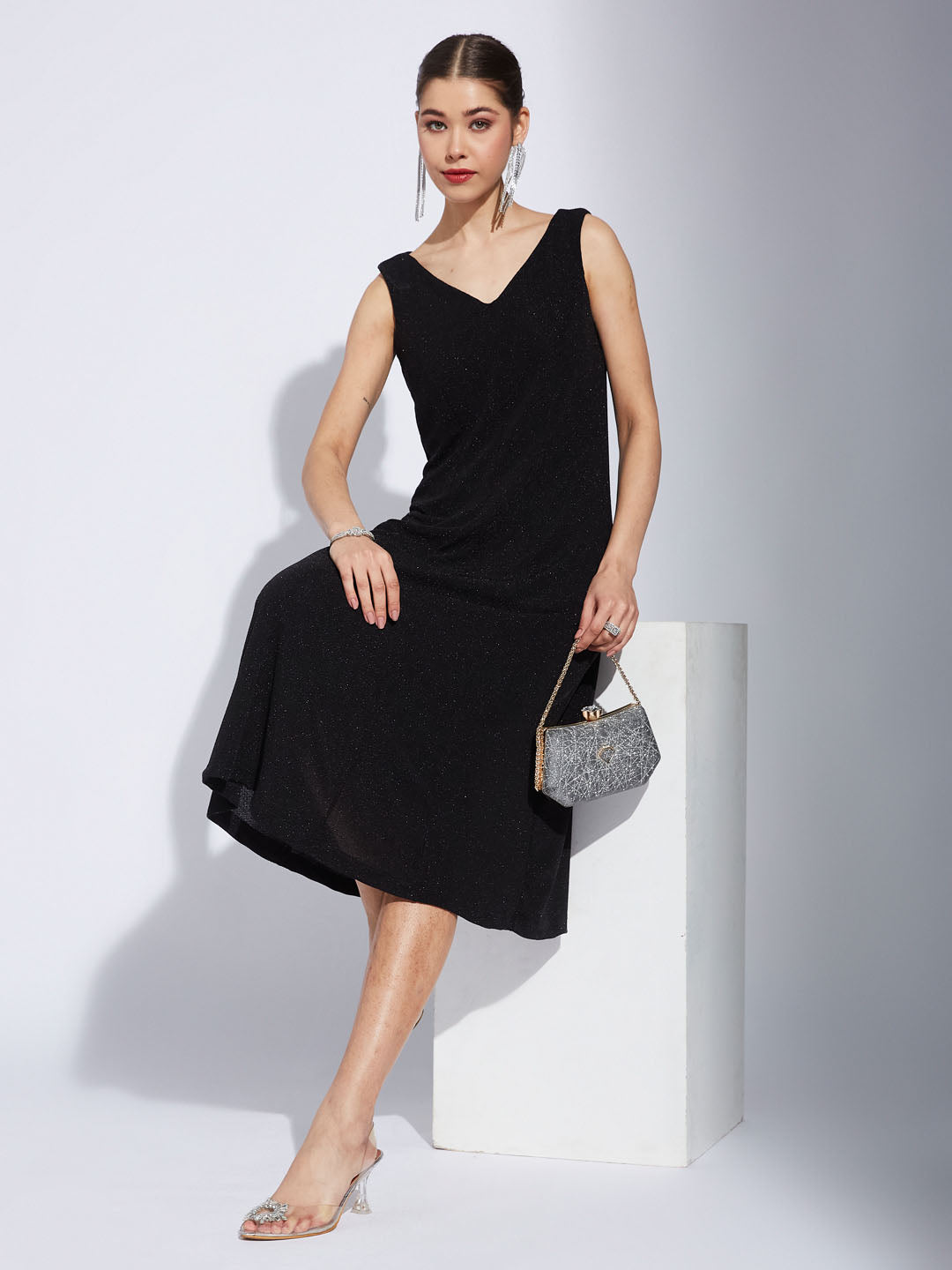 Latin Quarter Women Black V-Neck Sleeveless Solid A-Line Dress For Evening