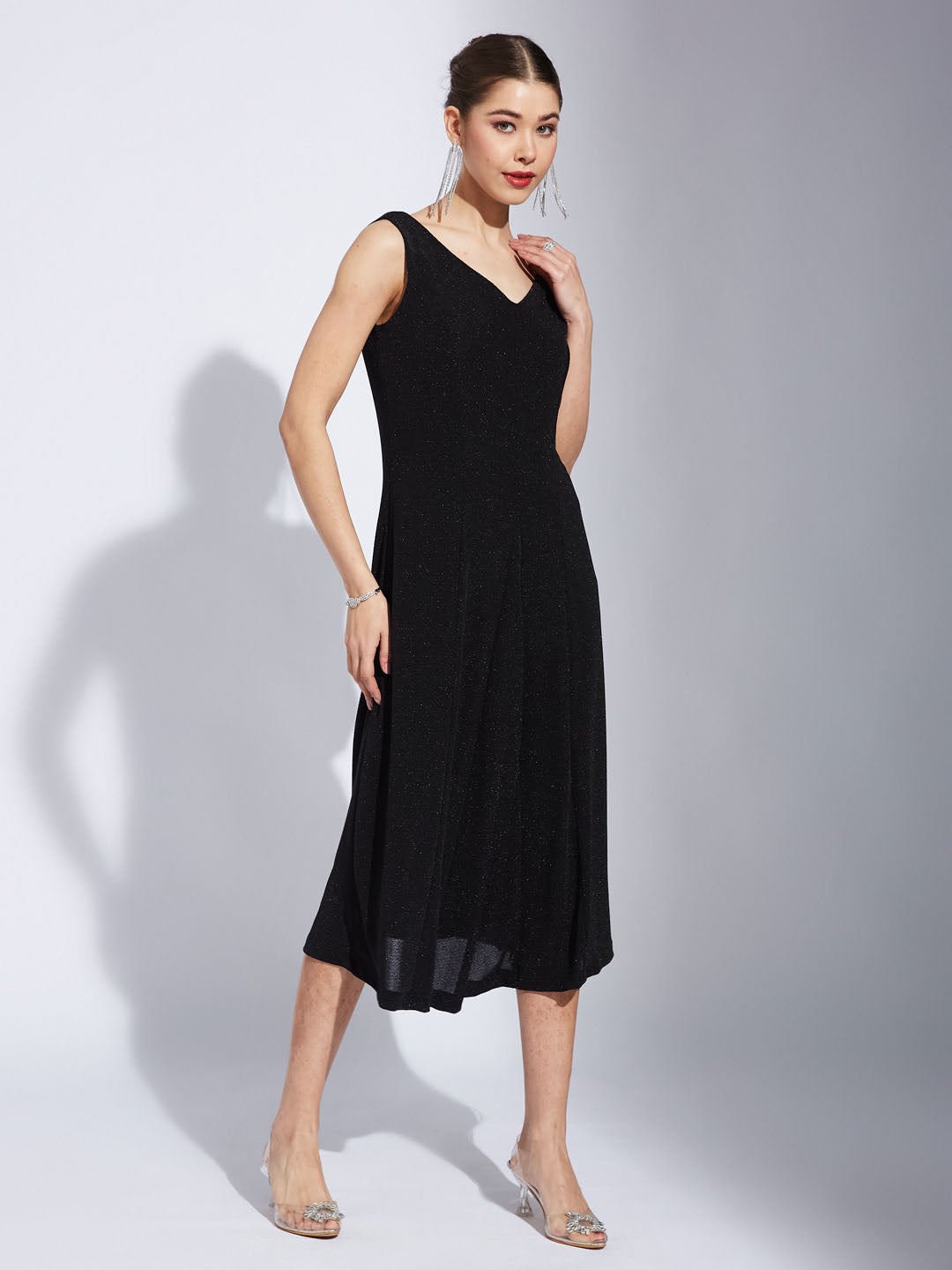 Latin Quarter Women Black V-Neck Sleeveless Solid A-Line Dress For Evening