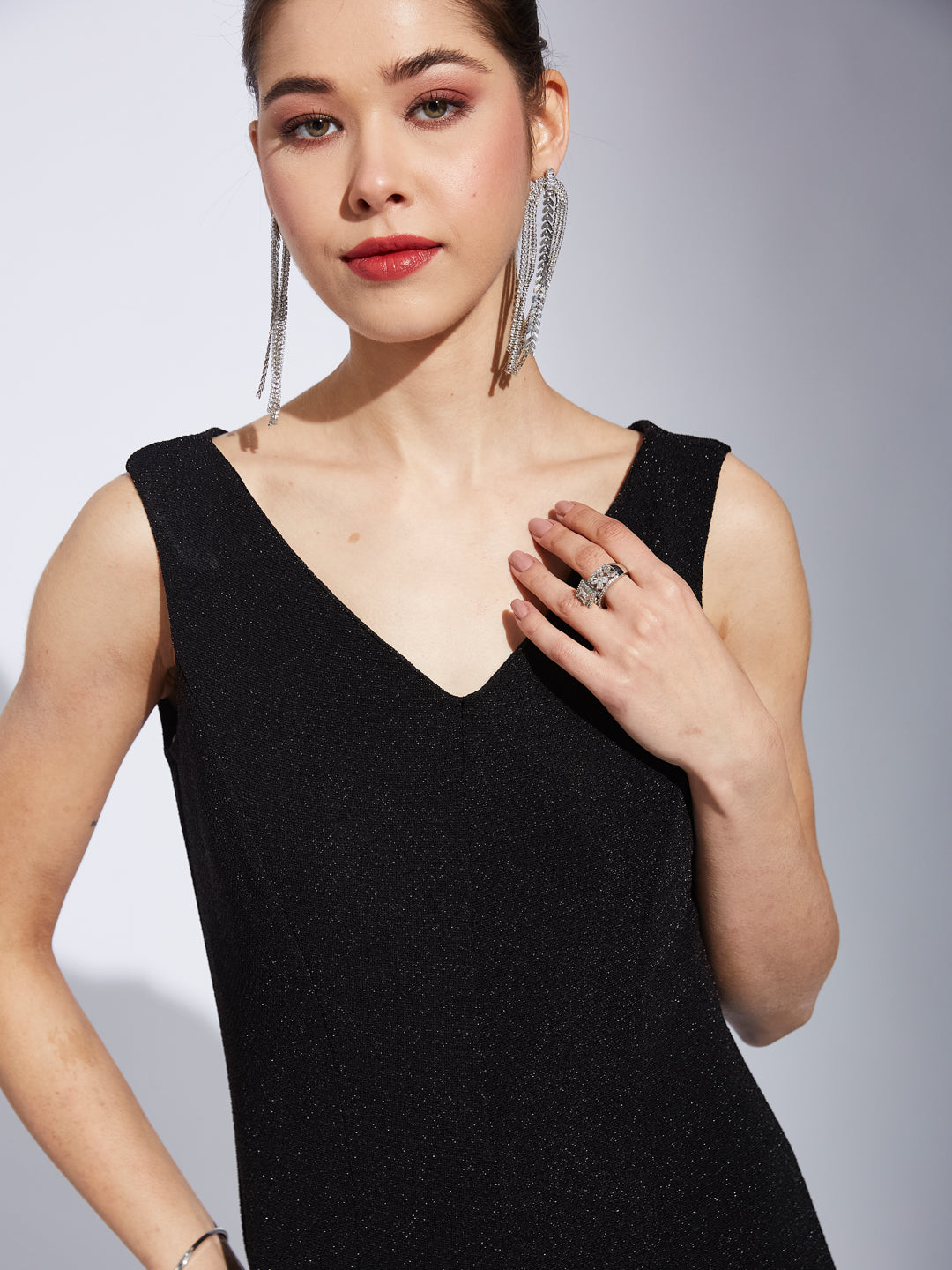 Latin Quarter Women Black V-Neck Sleeveless Solid A-Line Dress For Evening