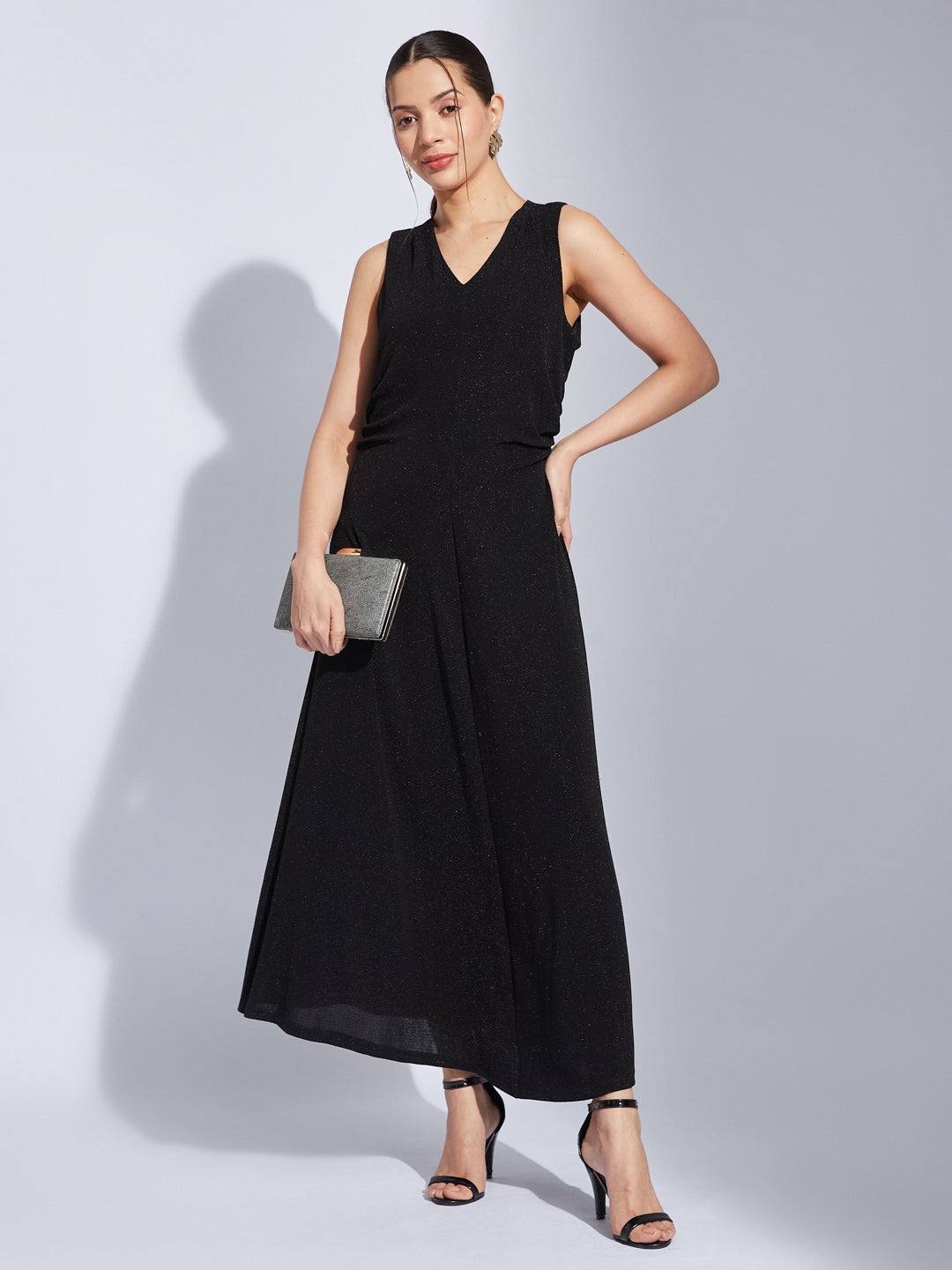 Latin Quarters Women Black V-Neck Sleeveless Solid A-Line Dress For Party Wear