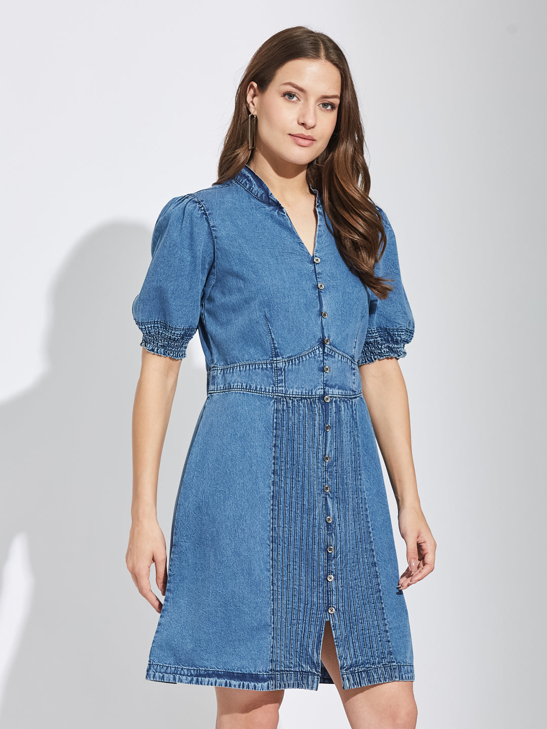 Latin Quarters Women Blue Mandarin Collar Half Sleeves Solid A-Line Dress For Casual Wear