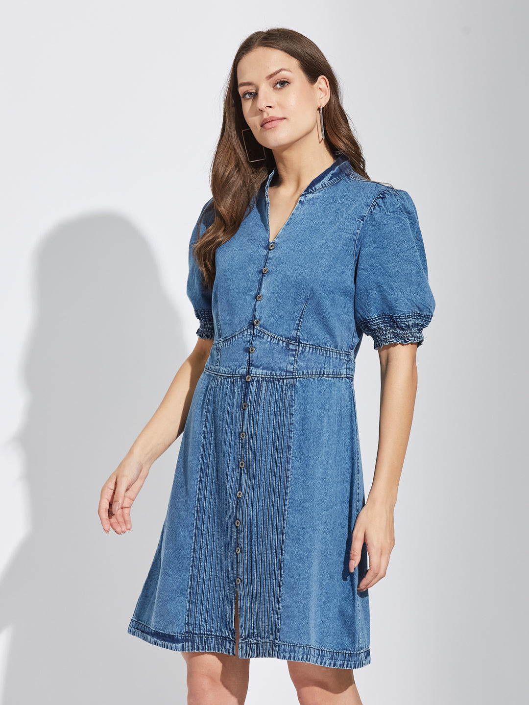 Latin Quarters Women Blue Mandarin Collar Half Sleeves Solid A-Line Dress For Casual Wear