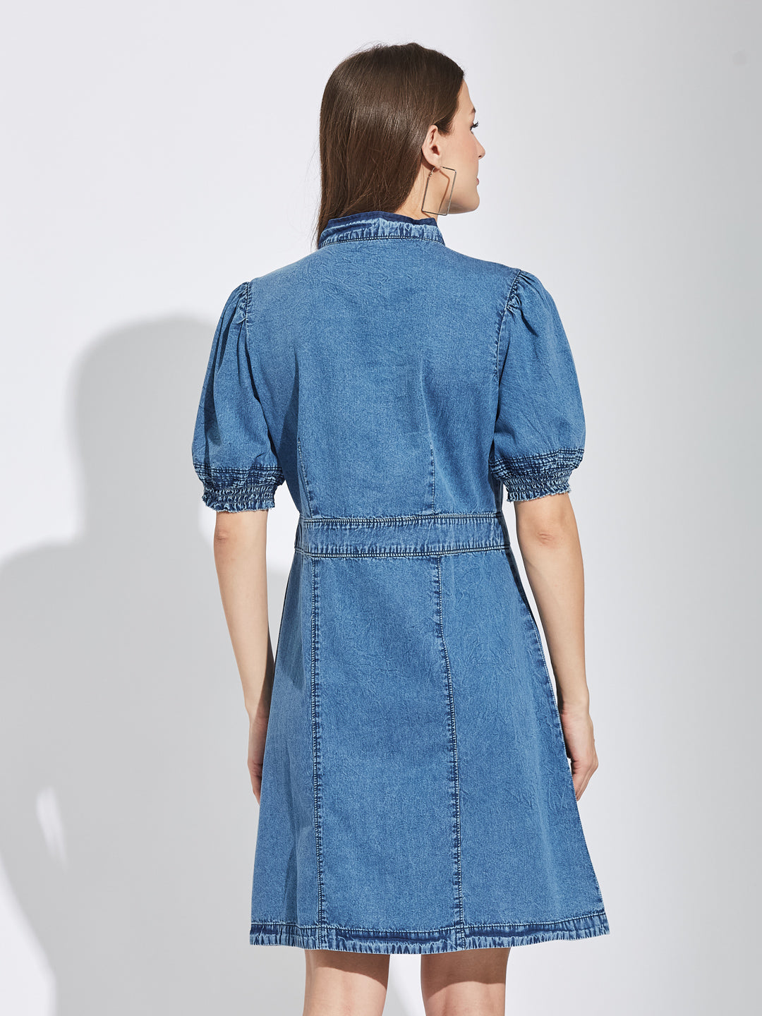 Latin Quarters Women Blue Mandarin Collar Half Sleeves Solid A-Line Dress For Casual Wear