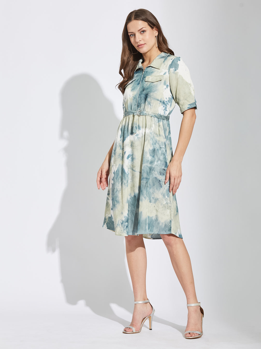 Latin Quarters Women's Green Half Sleeves Collared Tie-Dye Casual Knee Length Dress