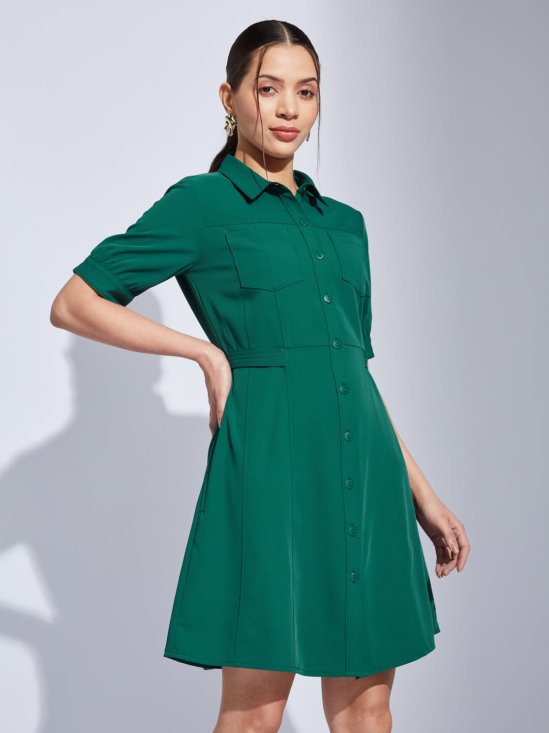 Latin Quarters Women Green Collared Neck Half Sleeves Solid Shirt Dress