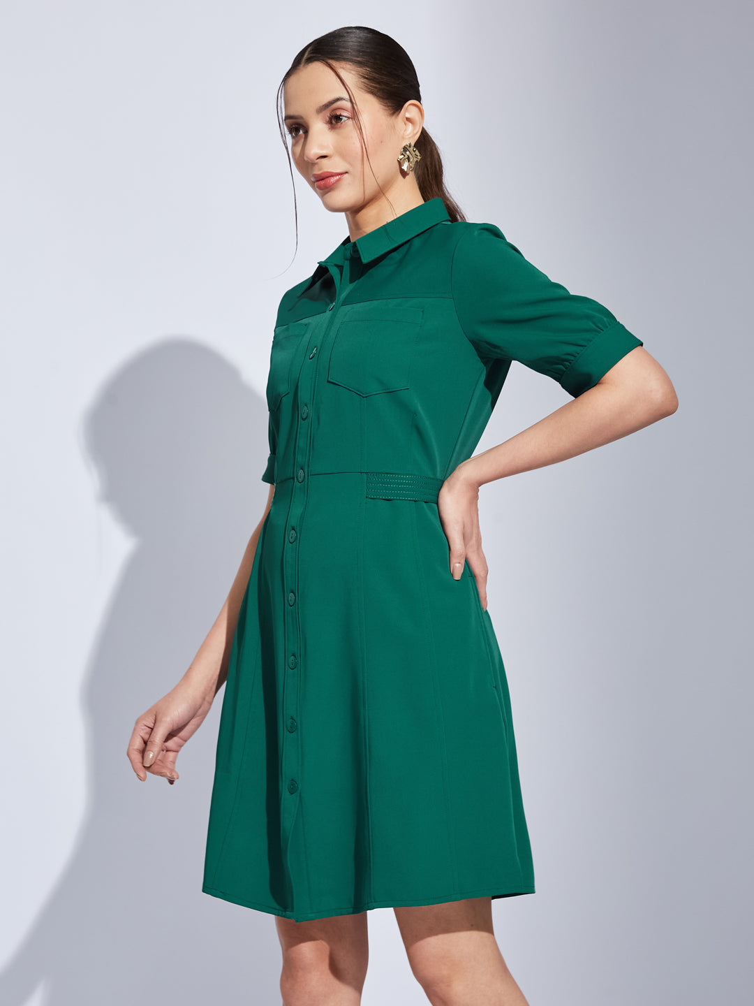 Latin Quarters Women Green Collared Neck Half Sleeves Solid Shirt Dress