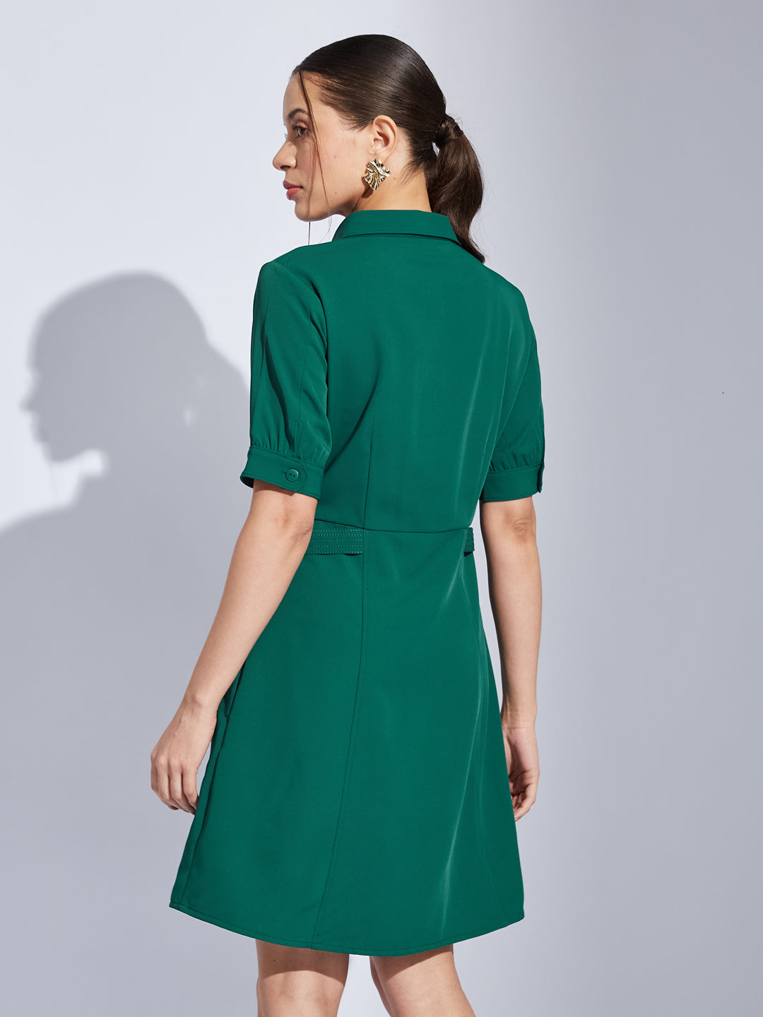 Latin Quarters Women Green Collared Neck Half Sleeves Solid Shirt Dress