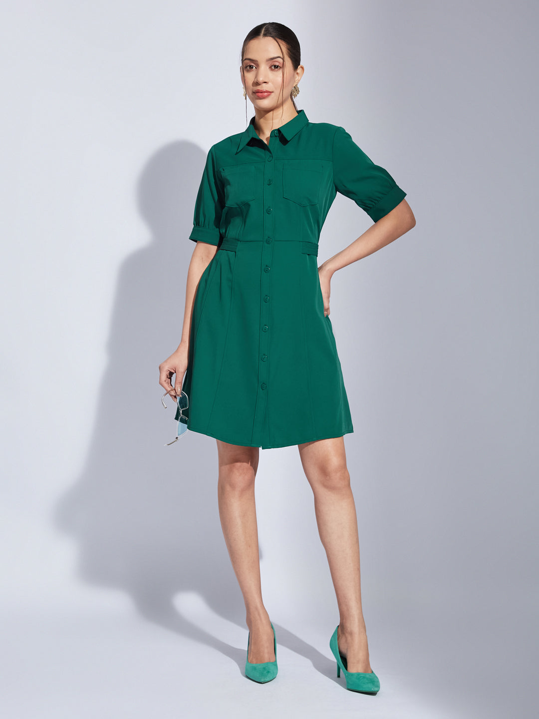 Latin Quarters Women Green Collared Neck Half Sleeves Solid Shirt Dress