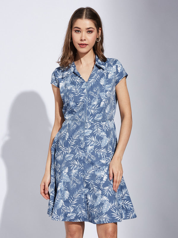 Latin Quarter Women Blue Collar Neck Cap Sleeve Printed A-Line Dress For Casual Wear