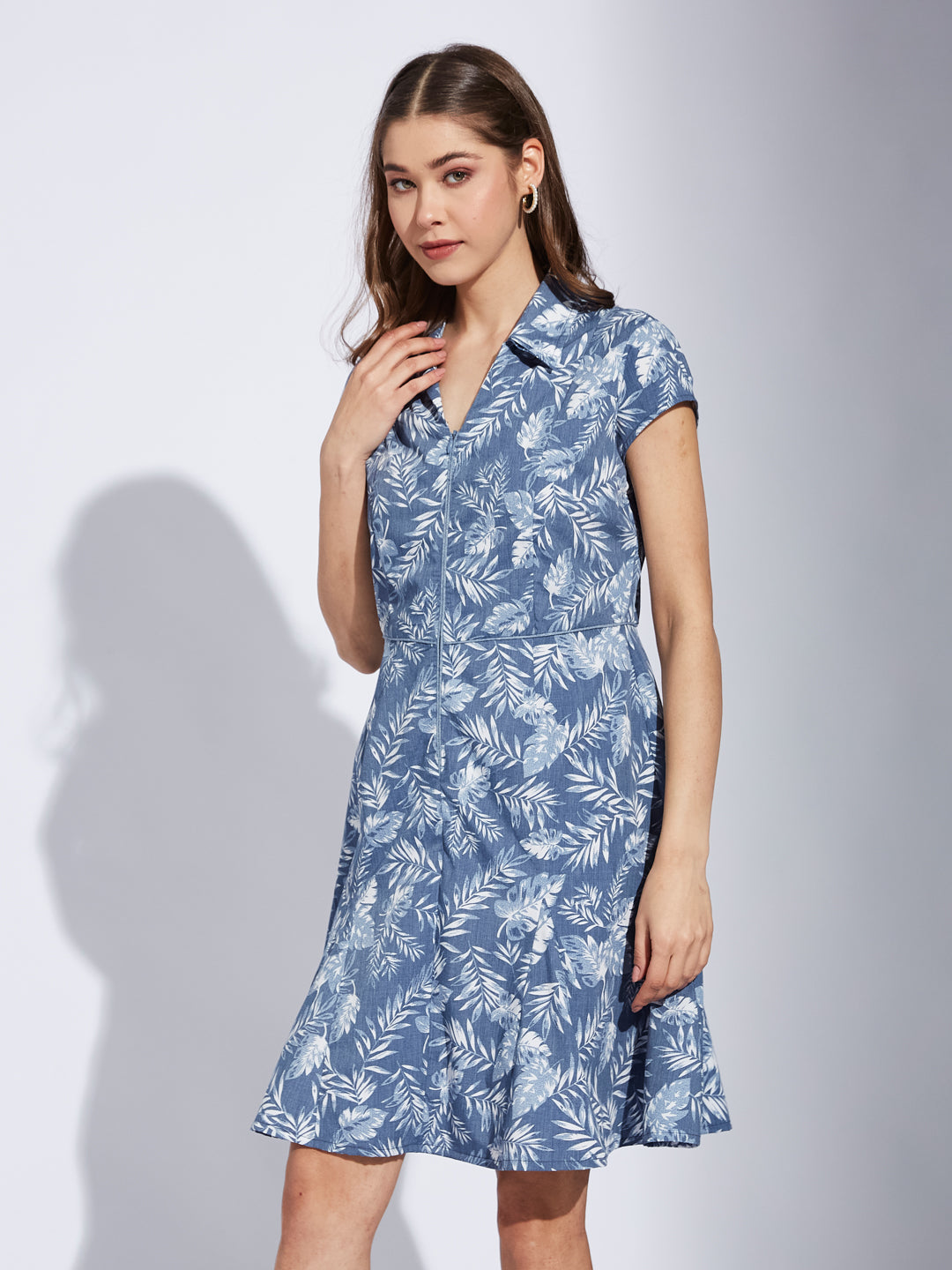 Latin Quarter Women Blue Collar Neck Cap Sleeve Printed A-Line Dress For Casual Wear