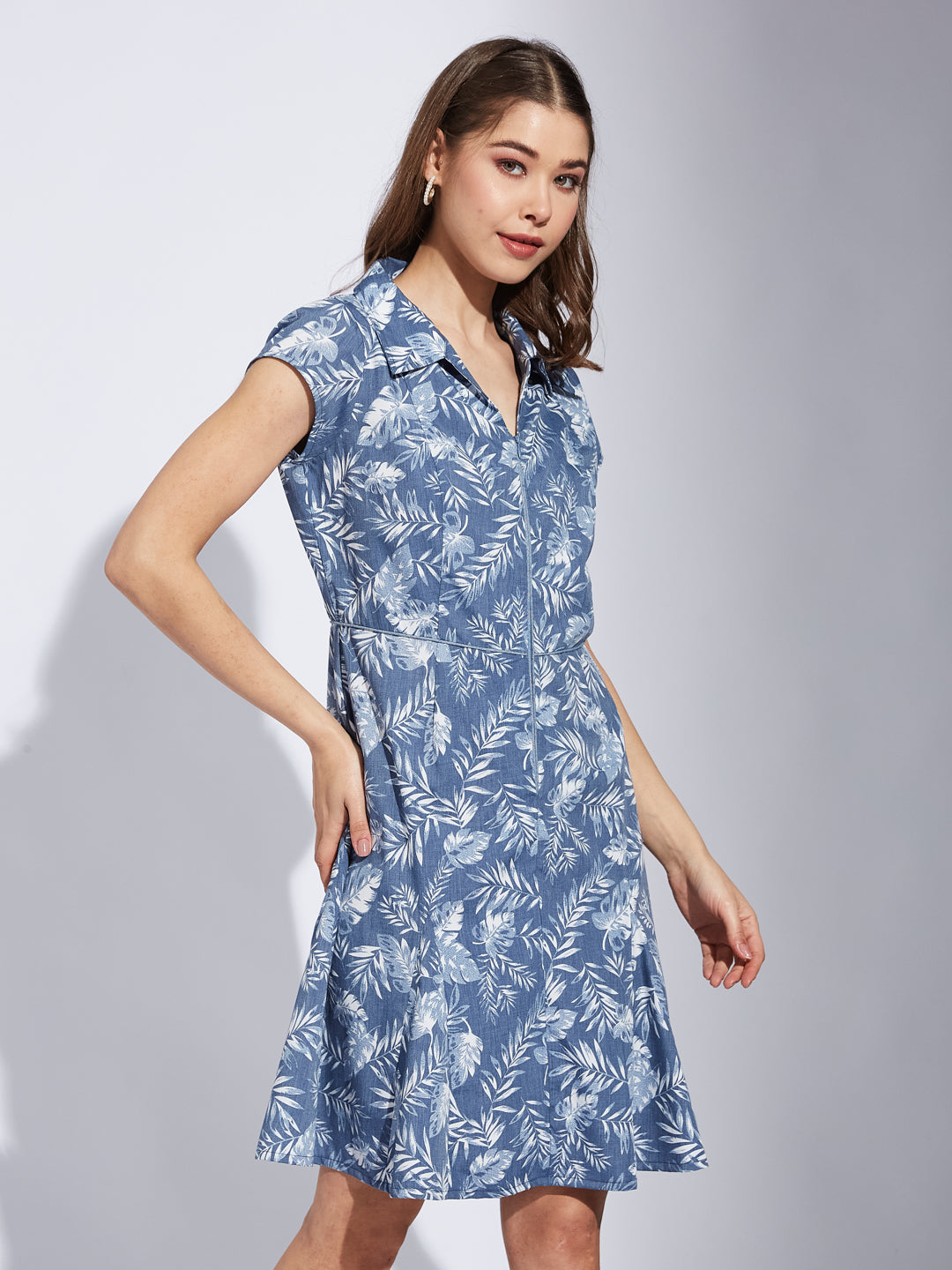 Latin Quarter Women Blue Collar Neck Cap Sleeve Printed A-Line Dress For Casual Wear