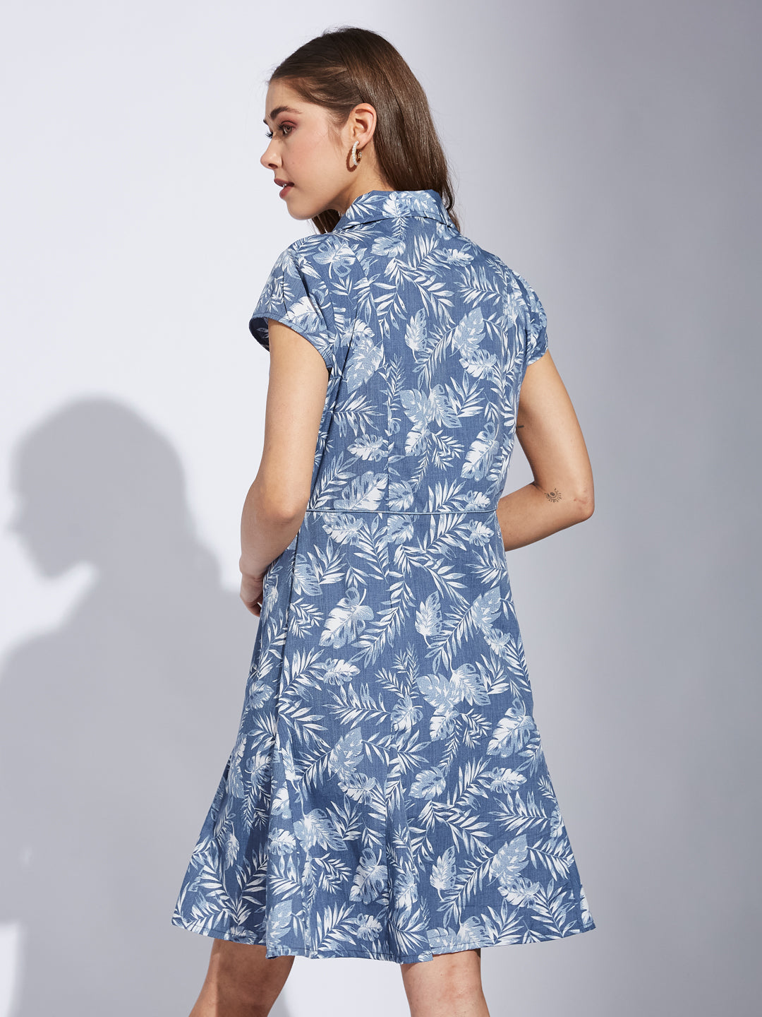 Latin Quarter Women Blue Collar Neck Cap Sleeve Printed A-Line Dress For Casual Wear